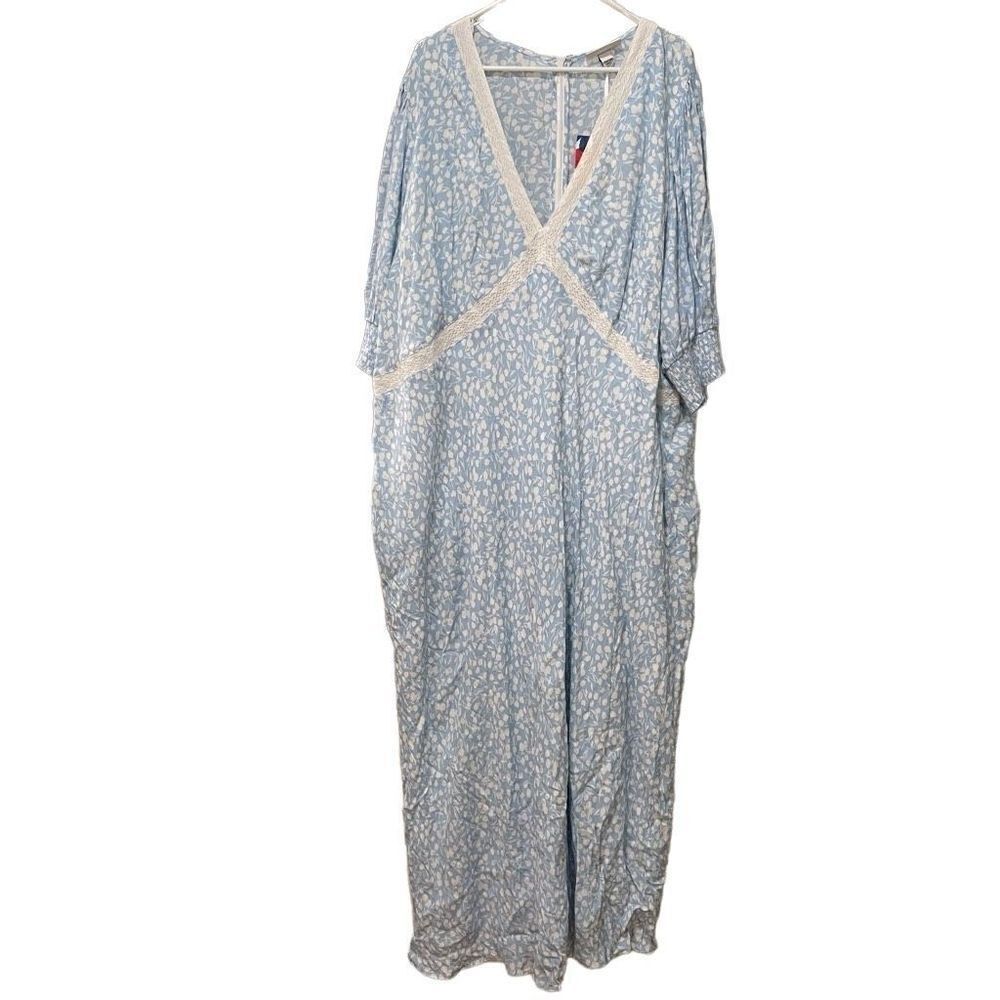 Rixo x Target Dress Womens 28/30W Blue Floral Puff Sleeve Lace Inset Cottagecore